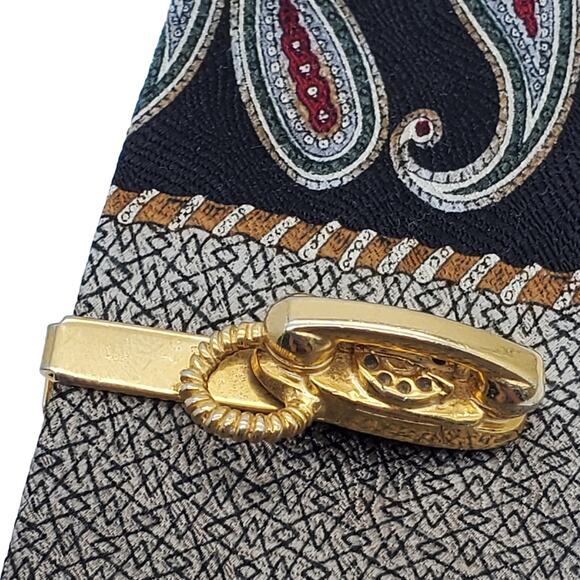Gold Tone Telephone Tie Bar Rotary Phone Landline Corded Retro Clip Clasp - Picture 4 of 5